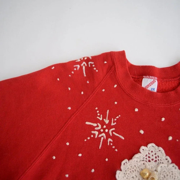 Vintage Jerzees Red Snowman Lace & Buttons &  Snowflakes Crewneck Sweater 2X - Picture 11 of 14